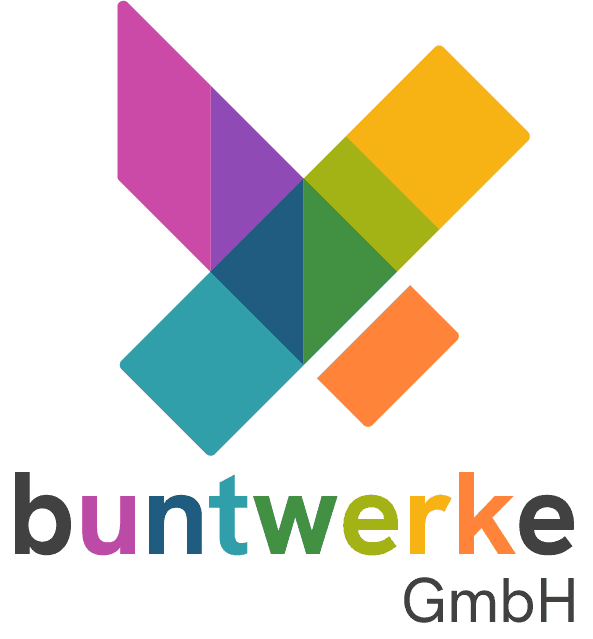 Logo Buntwerke showing a multi-colored geometric design